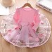 【18M-7Y】Children Clothes Girls Sweet Pink Flower Mesh Long-sleeved Dress - 33267