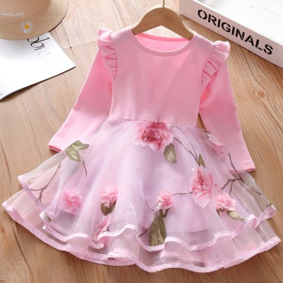 【18M-7Y】Children Clothes Girls Sweet Pink Flower Mesh Long-sleeved Dress - 33267