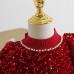 【2Y-8Y】Girls Red Sequin Bubble Sleeve Mesh Party Dress