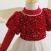 【2Y-8Y】Girls Red Sequin Bubble Sleeve Mesh Party Dress