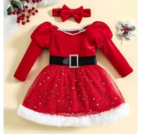 【12M-5Y】2-piece Girls Gold Star Print Red Velvet Long Sleeve Dress With Bow Hairband