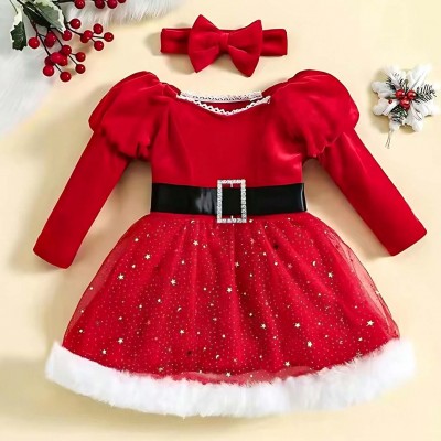 【12M-5Y】2-piece Girls Gold Star Print Red Velvet Long Sleeve Dress With Bow Hairband