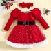 【12M-5Y】2-piece Girls Gold Star Print Red Velvet Long Sleeve Dress With Bow Hairband