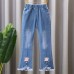 【2Y-13Y】Girl Fashion Flowers And Beads Blue Jeans