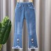 【2Y-13Y】Girl Fashion Flowers And Beads Blue Jeans