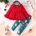 【18M-6Y】3-piece Girls Red Ruffle T-shirt And Christmas Graphic Leggings Set With Hairband