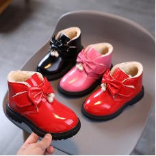 Girls Fashion Bow PU Boots Warm Fleece Shoes