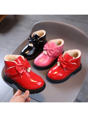 Girls Fashion Bow PU Boots Warm Fleece Shoes