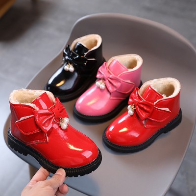 Girls Fashion Bow PU Boots Warm Fleece Shoes