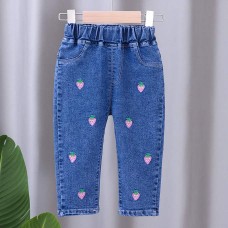 【12M-5Y】Girls Cute Bunny And Cartoon Embroidery Blue Jeans