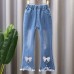 【2Y-13Y】Girl Fashion Flowers And Beads Blue Jeans