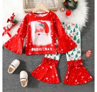 【3Y-7Y】2-piece Girls Cute Christmas Print Tee And Flared Pants Set