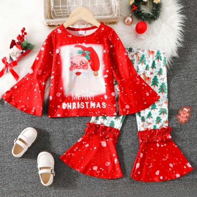 【3Y-7Y】2-piece Girls Cute Christmas Print Tee And Flared Pants Set