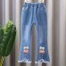 【2Y-13Y】Girl Fashion Flowers And Beads Blue Jeans