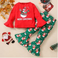 【12M-5Y】2-piece Girls Christmas Graphic Print Red T-shirt And Flared Pants Set