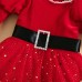 【12M-5Y】2-piece Girls Gold Star Print Red Velvet Long Sleeve Dress With Bow Hairband