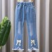 【2Y-13Y】Girl Fashion Flowers And Beads Blue Jeans