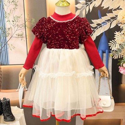 【2Y-8Y】Girls Red Sequin Bubble Sleeve Mesh Party Dress