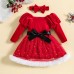 【12M-5Y】2-piece Girls Gold Star Print Red Velvet Long Sleeve Dress With Bow Hairband