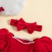 【12M-5Y】2-piece Girls Gold Star Print Red Velvet Long Sleeve Dress With Bow Hairband