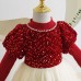 【2Y-8Y】Girls Red Sequin Bubble Sleeve Mesh Party Dress