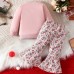 【6M-4Y】2-piece Girls Christmas Print Pink Sweatshirt And Flared Pants Set