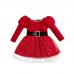 【12M-5Y】2-piece Girls Gold Star Print Red Velvet Long Sleeve Dress With Bow Hairband