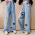 【4Y-12Y】Girls Fashion Heart Shape Embroidered Blue Jeans