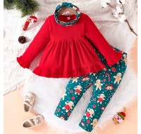 【18M-6Y】3-piece Girls Red Ruffle T-shirt And Christmas Graphic Leggings Set With Hairband