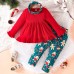 【18M-6Y】3-piece Girls Red Ruffle T-shirt And Christmas Graphic Leggings Set With Hairband