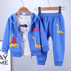 【12M-4Y】Boys Dinosaur Print Long-sleeved Hooded Jacket, Long-sleeved T-shirt And Pants Three-piece Suit