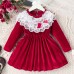 【3Y-7Y】Girl Retro Burgundy Velvet Lace Round Neck Long Sleeve Dress