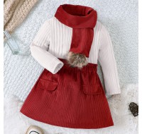 【18M-6Y】3-piece Girl Retro Solid Color Long-sleeved T-shirt And Corduroy Skirt Set With Scarf