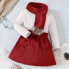 【18M-6Y】3-piece Girl Retro Solid Color Long-sleeved T-shirt And Corduroy Skirt Set With Scarf