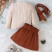 【18M-6Y】3-piece Girl Retro Solid Color Long-sleeved T-shirt And Corduroy Skirt Set With Scarf