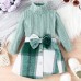 【6M-4Y】2-piece Girl Fashion Solid Color High Neck Long Sleeve T-shirt And Plaid Bowknot Skirt Suit