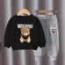 【18M-10Y】2-piece Unisex Slack Bear Print Crewneck Sweatshirt And Pants Set