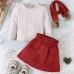 【18M-6Y】3-piece Girl Retro Solid Color Long-sleeved T-shirt And Corduroy Skirt Set With Scarf