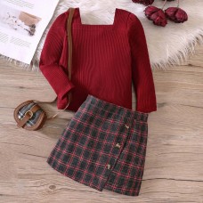 【18M-6Y】Girl Sweet Retro Burgundy Square Neck Long-sleeved T-shirt And Plaid Skirt Set