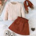 【18M-6Y】3-piece Girl Retro Solid Color Long-sleeved T-shirt And Corduroy Skirt Set With Scarf