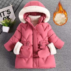 【18M-8Y】Girl Solid Color Quilted And Fleece Keep Warm Hooded Long Cotton Coat