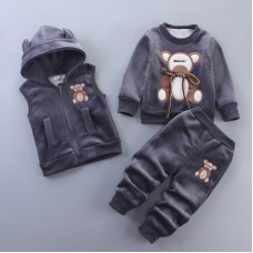 【12M-4Y】3-piece Unisex Cute Warm Monkey Embroidered Bowknot Round Neck Sweatshirt Hooded Vest Coat And Pants Set - 4450