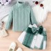 【6M-4Y】2-piece Girl Fashion Solid Color High Neck Long Sleeve T-shirt And Plaid Bowknot Skirt Suit