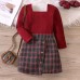 【18M-6Y】Girl Sweet Retro Burgundy Square Neck Long-sleeved T-shirt And Plaid Skirt Set