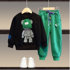 【18M-13Y】Unisex Casual Cartoon Bear Print Sweatshirt And Pants Set - 9204