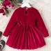 【3Y-7Y】Girl Retro Burgundy Velvet Lace Round Neck Long Sleeve Dress