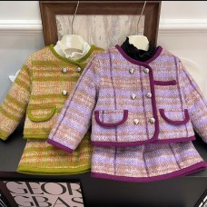 【18M-8Y】2-piece Girl Vintage Quilted Keep Warm Double-breasted Coat And Skirt Set