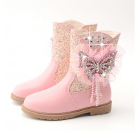 Girls Thick Rhinestone Pearl Butterfly Boots