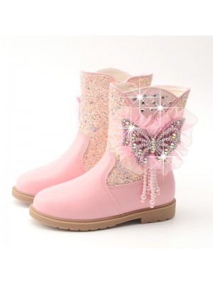 Girls Thick Rhinestone Pearl Butterfly Boots