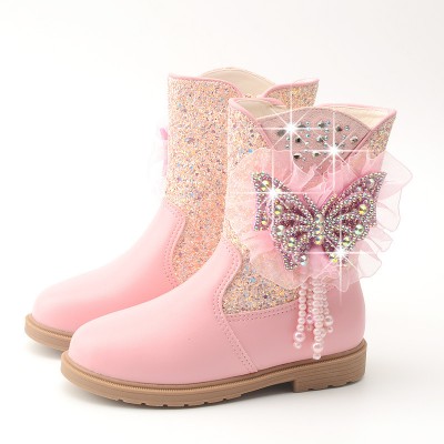 Girls Thick Rhinestone Pearl Butterfly Boots